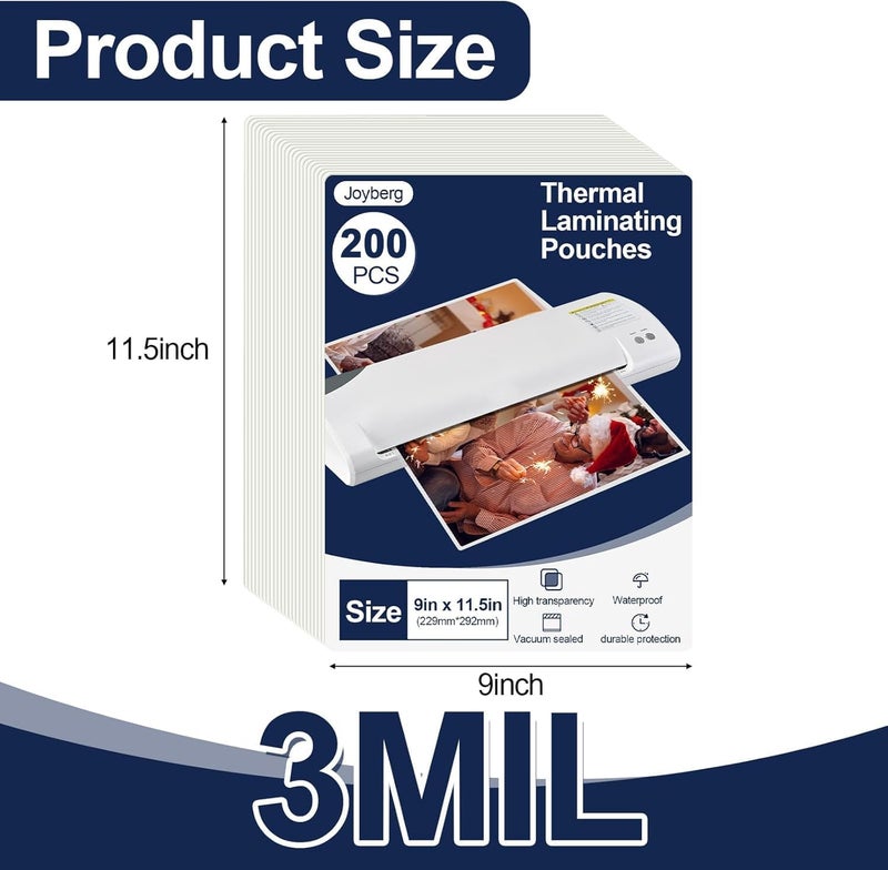 Joyberg 200 PCS Laminating Sheets 9”x11.5”, Thermal Laminating Pouches, 3mil Plastic Paper Laminate Sheets, Laminator Sheets Plasticized Craft Office and School Supplies, Lamination Sheets for 8.5”x11” Paper - Image 2